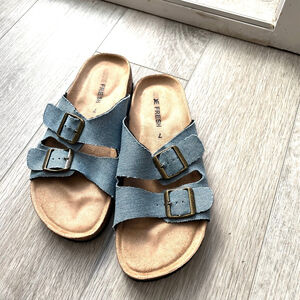 Joe Fresh Denim Cork Slide Sandals Blue Double Buckle Size 7